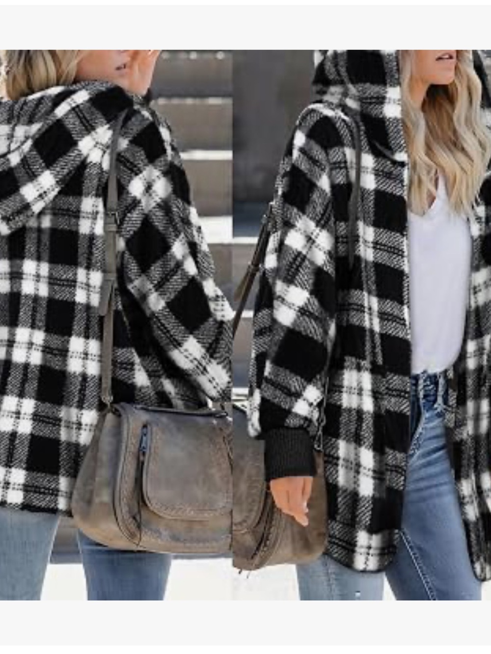 Black & White Plaid Hooded Women's Sweater Jacket - Picture 2 of 2
